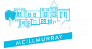 Logo with the name Amanda in large cursive font on top of a thin blue rectange with the word McIllmurray inside it in front of a blue outline of rowhomes, beside the name in small white text reads Democrat For City Council At Large