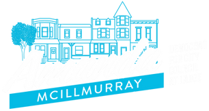 Campaign Logo features the name Amanda in large white cursive font sitting on top of a thin horziontal blue rectangle with the word McIllmurray inside of it, both are in front of a blue outline of a block of rowhomes. To the right in smaller white captial letters are the words Democrat for City Council At Large